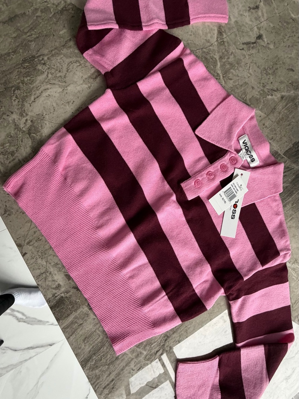 Vigoss Pink and Burgundy Striped Polo Sweater